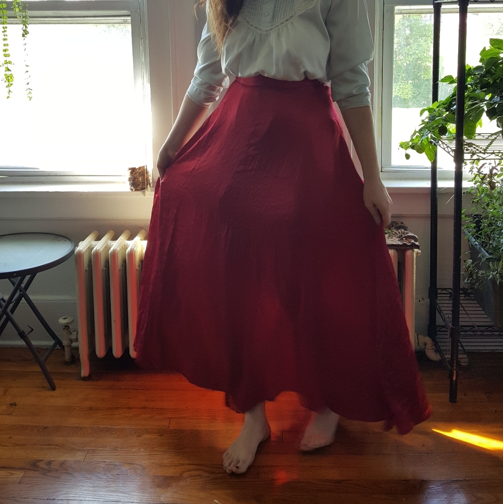 SOLD HANDMADE Red Satin Maxi Skirt